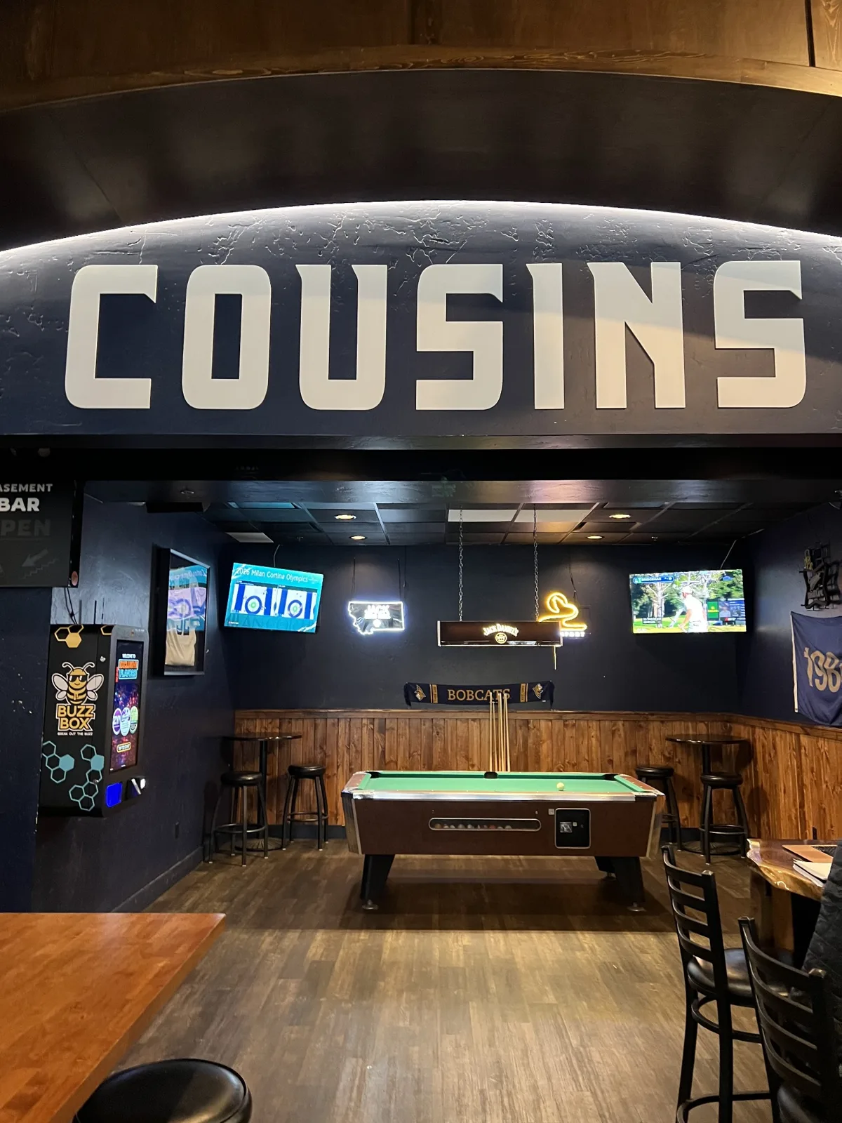 Buzz Box beside pool tables inside Cousins Pub in Bozeman