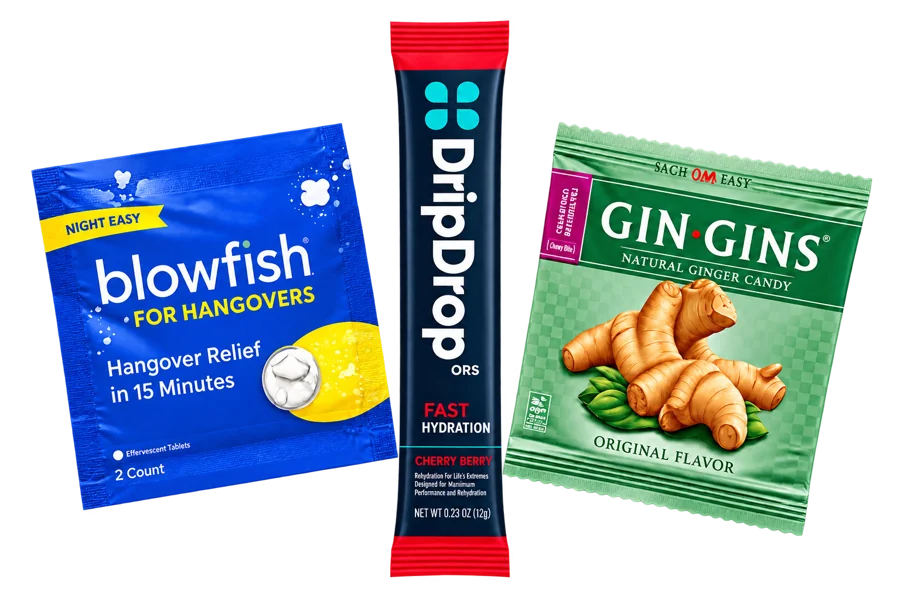 Illustration of Blowfish, DripDrop and Gin Gins recovery kit items